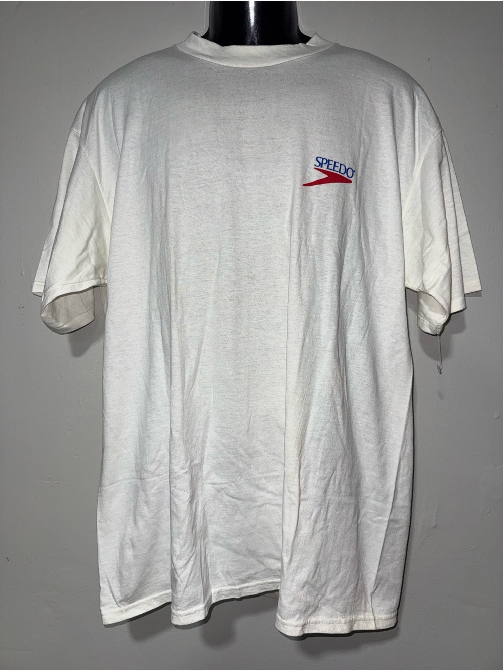 Vintage 1992 Speedo White Short Sleeve Crewneck Tee with Red & Blue Logo